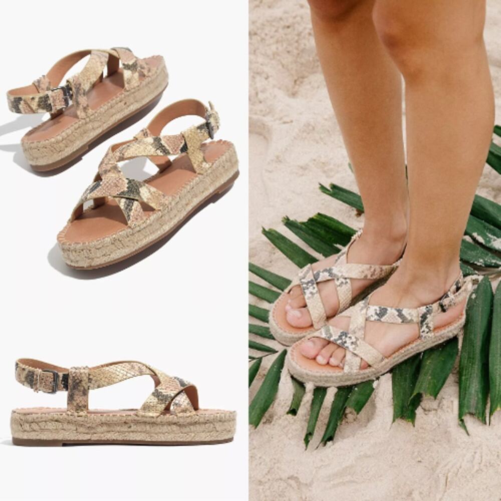 Madewell Malia Espadrille Sandals Neutral Snake Embossed Leather Platform Summer